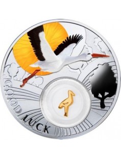 Niue 2014 1$ Stork Symbols of Luck Silver Coin 24 carat gold plated insert