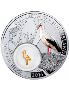 Niue 2014 1$ Stork Symbols of Luck Silver Coin 24 carat gold plated insert