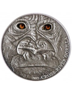 Cameroon 2012 CROSS - RIVER GORILLA 1oz Silver Anrique Coin with Real Eye effect