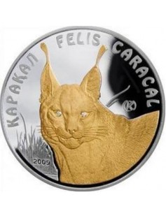 KAZAKHSTAN 2009 100 Tenge Caracal 1 oz silver/24k Gold Gilded Coin WITH DIAMONDS