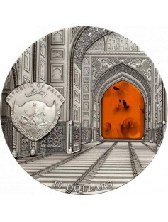 Palau 2014 10$ Mineral Art Taj Mahal 2 Oz Silver Coin with REAL Amber LIMIT 999