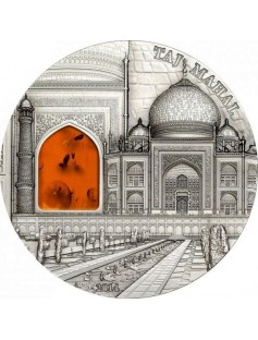 Palau 2014 10$ Mineral Art Taj Mahal 2 Oz Silver Coin with REAL Amber LIMIT 999
