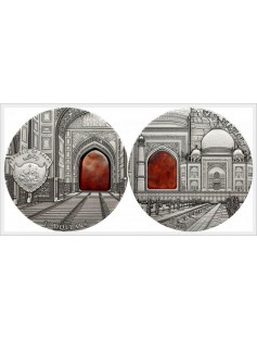 Palau 2014 10$ Mineral Art Taj Mahal 2 Oz Silver Coin with REAL Amber LIMIT 999