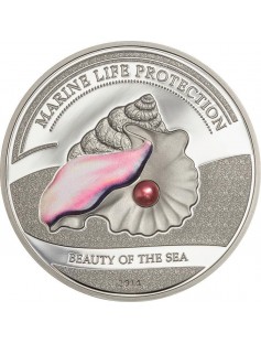 Palau 2014 5$ Marine Life Protection Beauty of the Sea Silver Coin REAL Pearl