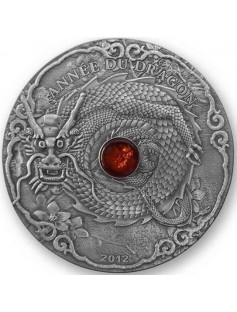 Togo 2012 1500 Francs ANNEE DU DRAGON Year of the Dragon 2 Oz Silver with Amber
