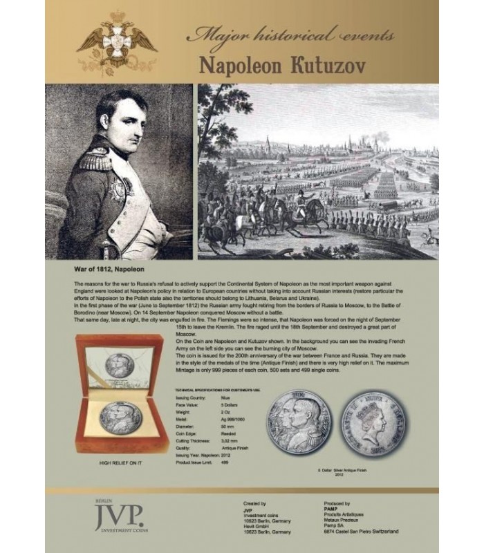 Kutusow  High Relief 2 Oz Silver Coin Niue 2012 5$ War of 1812 Napoleon 